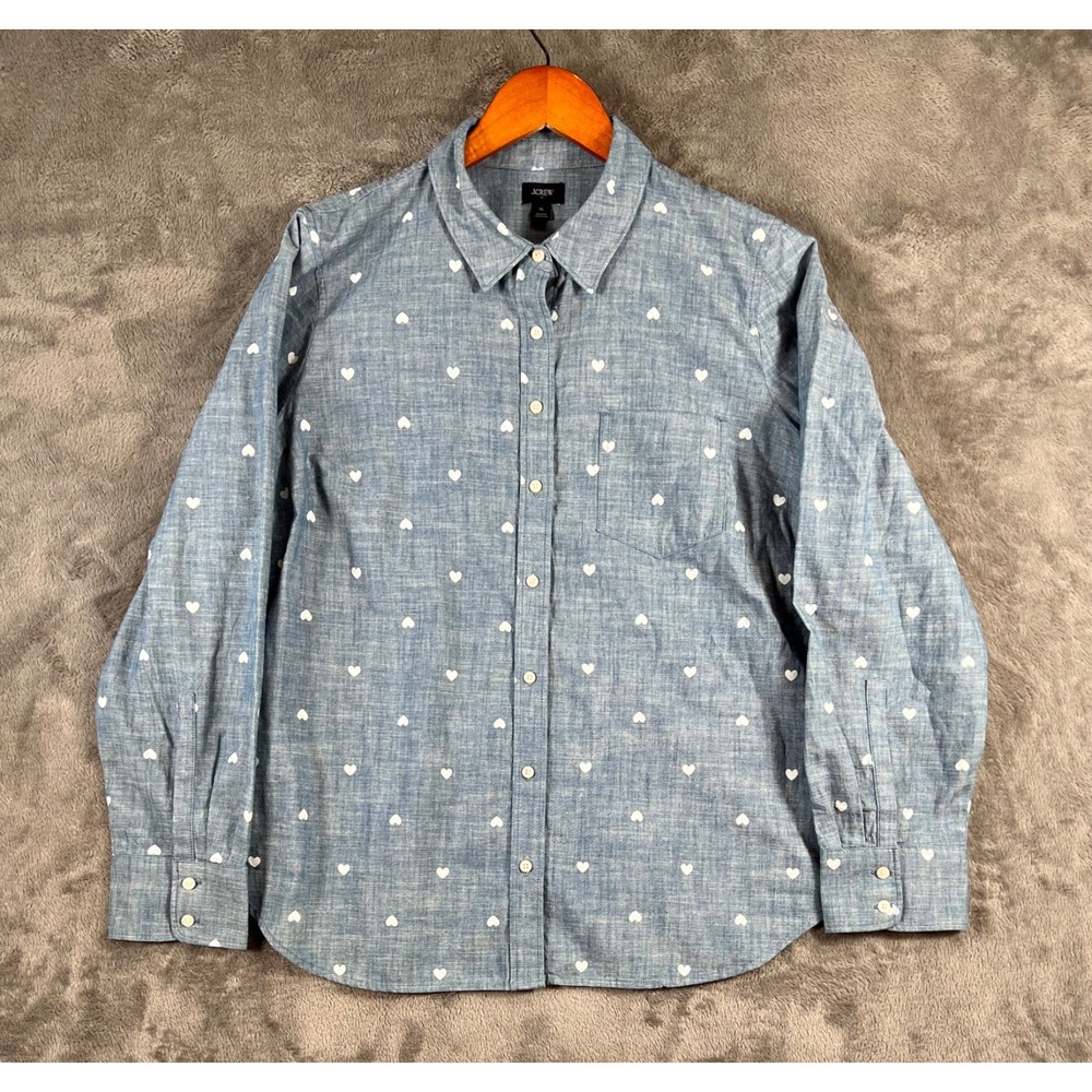 J Crew Chambray Heart Button Up Shirt XL Romantic Whimsical Playful Preppy